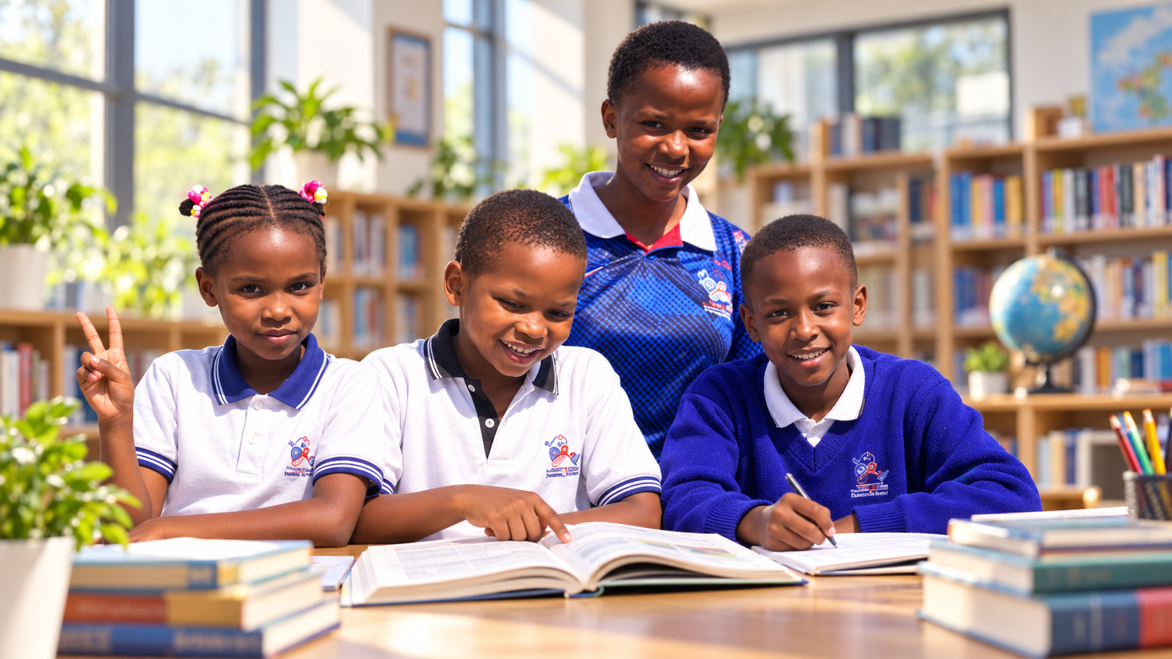 A smiling student in a navy school uniform holding books on campus