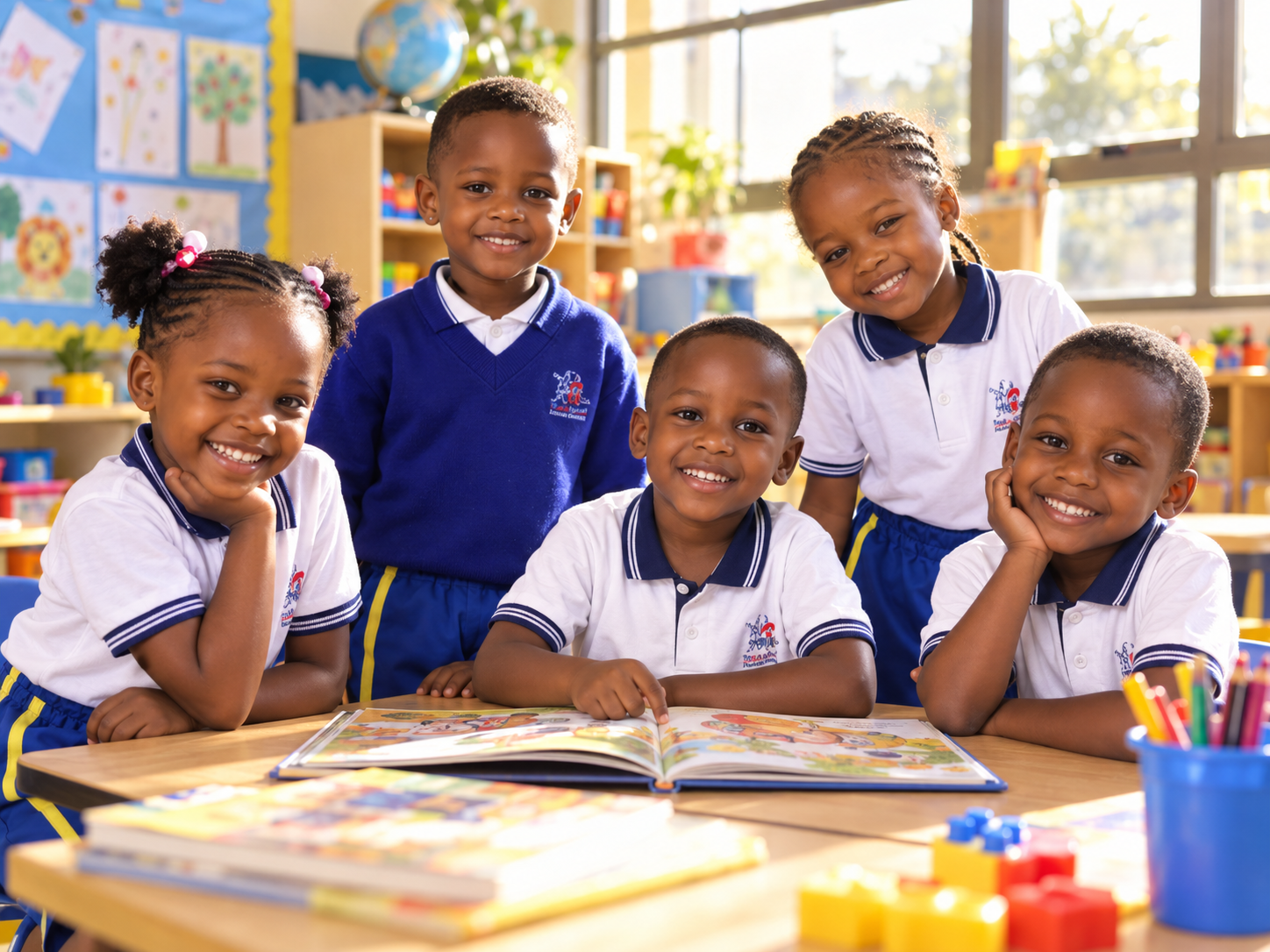 Kindergarten students reading a book together at their classroom desk